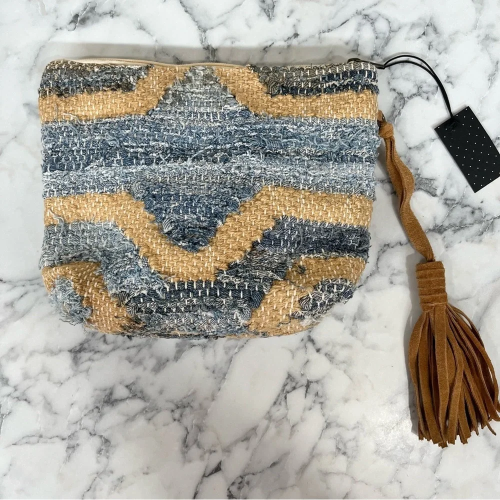 Made in India woven rag rug convertible crossbody bag clutch leather accents